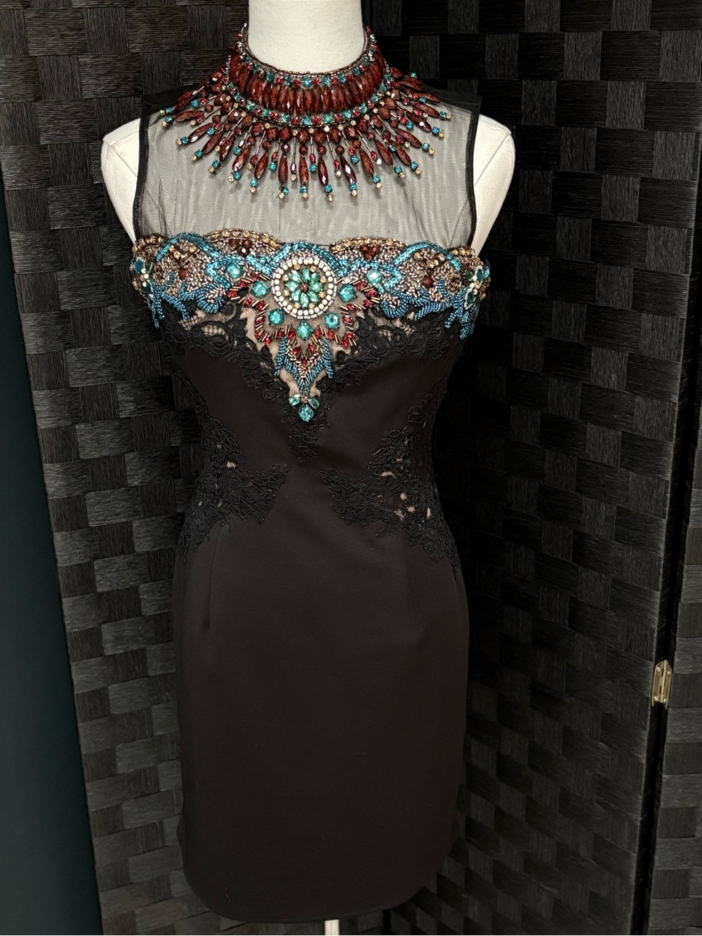 Sherri Hill Black Lace/Nude Dress with Beaded/Sequin Embellishments